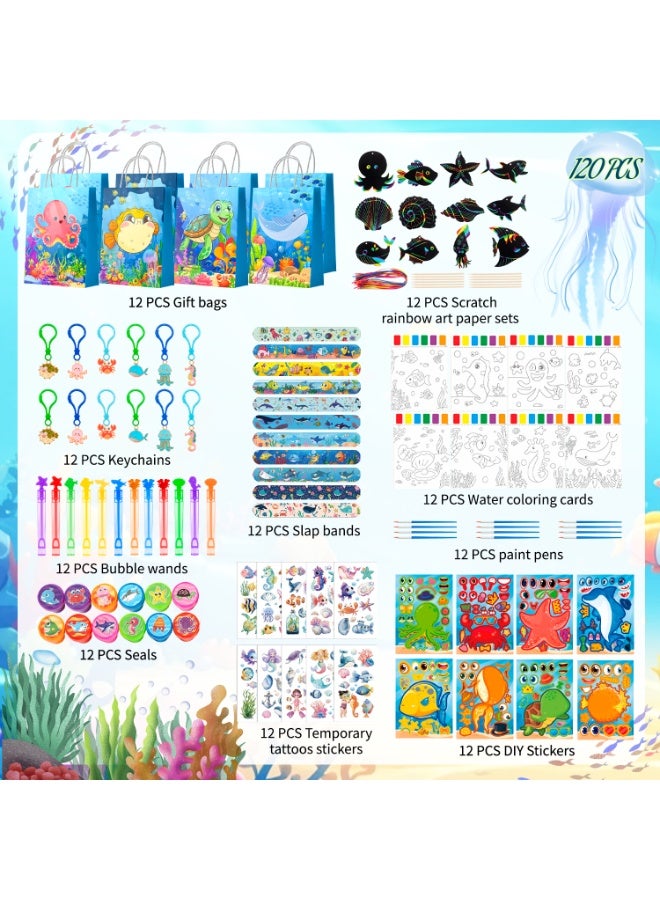 FRUITFUL PARTY Ocean Party Favors for 12 Guests, 120pcs Under the Sea Birthday Party Favor Set with Gift Bags, Stickers, Keychains, Slap Bracelets, Bubble Wands, Tattoos & DIY Art – Under the Sea Party Decoration Supplies - Image 3